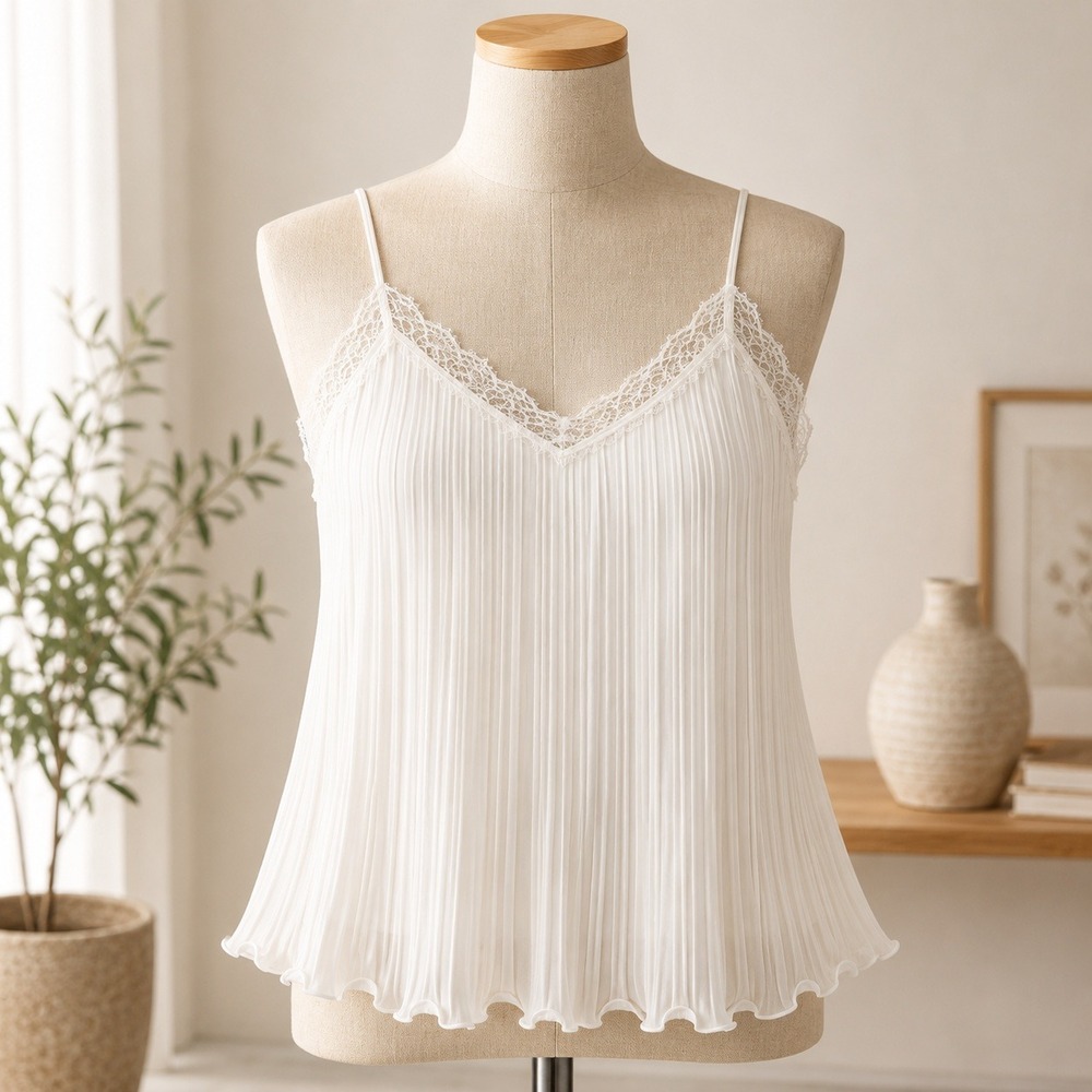 NWT LUSH Pleated Camisole‎ Womens Small Ivory Lace Trim V-Neck LT19976-003